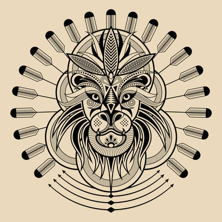 Geometric patterned black and white line style lion head vector illustrationのイラスト素材