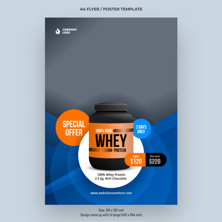 Flyer or poster template design for Gym, Fitness, Workout, and Sports nutritions product promotion and offer.のイラスト素材