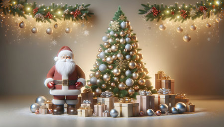 Christmas and New Year background with Santa Claus and Christmas tree. 3d illustration.の素材