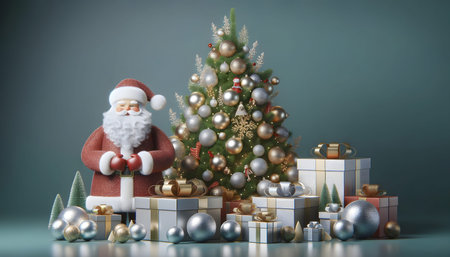 3d render of santa claus with christmas tree and giftsの素材