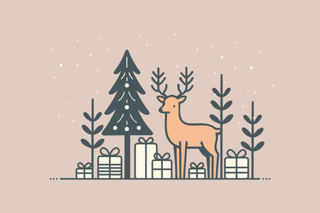 Christmas card with deer and gift boxes. Vector illustration in linear style.のイラスト素材