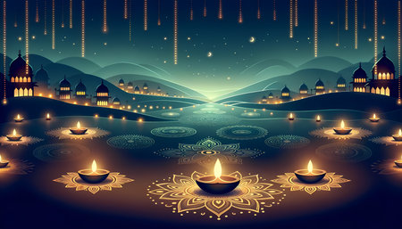 illustration of Diwali festival background with diwali lampsの素材