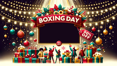 Boxing Day sale illustration poster with gift boxes and decorations.の素材