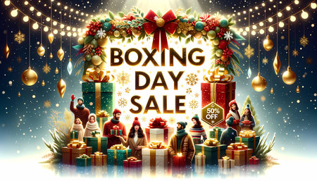 Boxing day sale banner with Santa Claus, gifts and Christmas treeの素材