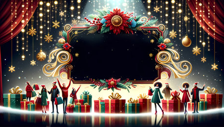 Christmas and New Year party background with people and holiday decorations.の素材
