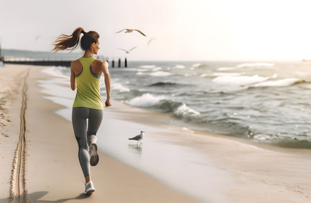 Sporty young woman running on beach. Fitness girl jogging on seaside.の素材