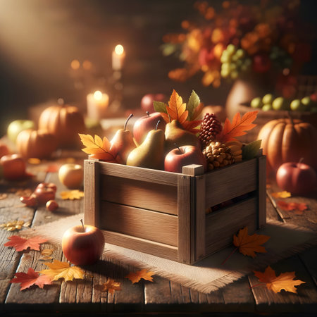 Autumn still life with fruits and vegetables in a wooden box.の素材