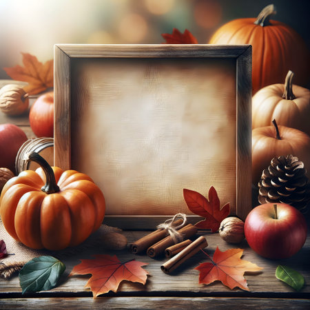 Autumn still life with pumpkins, apples, leaves, cinnamon and empty wooden frame for text.の素材