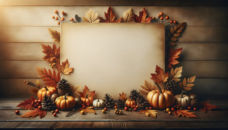 Autumn background with pumpkins, leaves and berries on wooden backgroundの素材