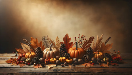 Autumn background with pumpkins, leaves and berries on wooden tableの素材