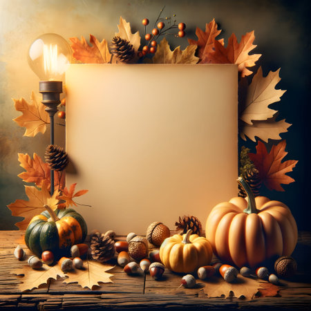 Autumn still life with pumpkins, acorns, maple leaves and light bulb on wooden backgroundの素材