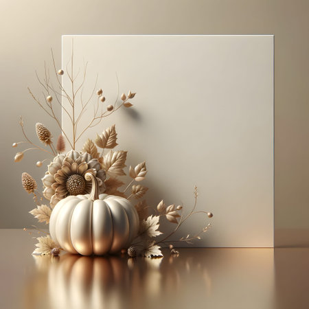 Autumn composition with pumpkins, dry flowers and leaves. 3d renderの素材