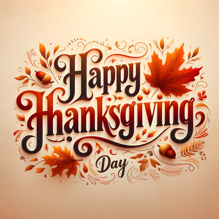 Happy Thanksgiving greeting card with lettering and autumn leaves. Vector illustration.の素材