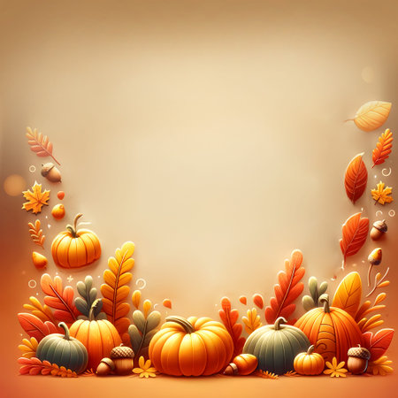 Autumn background with pumpkins, leaves and acorns. Vector illustration.の素材