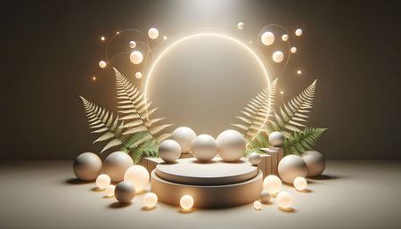3d render, abstract background, podium for product presentation, round stage with gold geometric shapes, fern leaves, round pedestal, round frame with light effectの素材