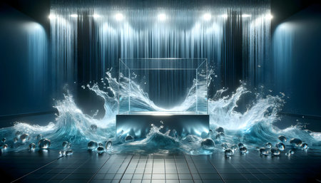 3d rendering of a blue empty stage with spotlights and lightingの素材