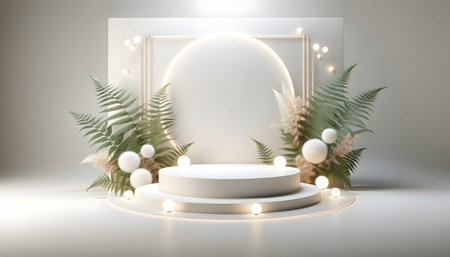 3d render, abstract minimal scene with round podium, empty frame and fern leaves, mockup for product presentationの素材