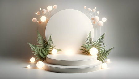 3d render, abstract background, white round podium with green fern leaves, bokeh lightsの素材