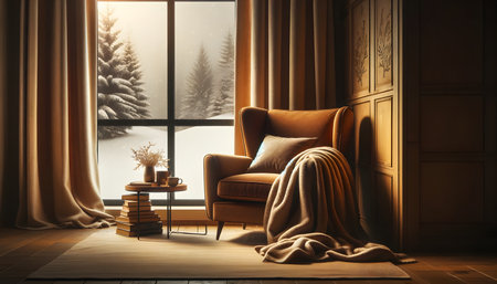 Comfortable armchair near window with winter landscape. 3d renderingの素材