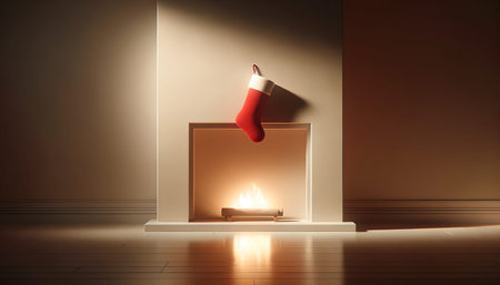Christmas stocking hanging on a fireplace in a room. 3D renderingの素材