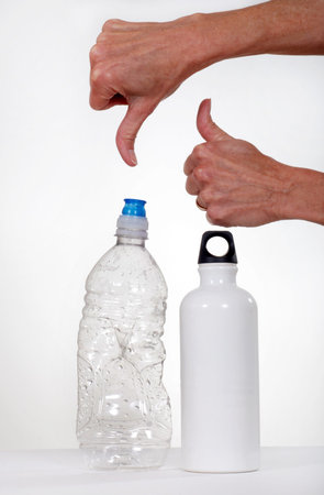 Plastic water bottle with thumbs down, Aluminum water bottle with thumbs up 