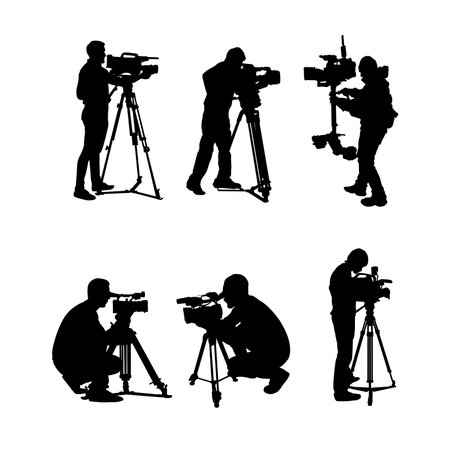 Set of silhouettes of television station camera operators, isolated white background , simple vector...