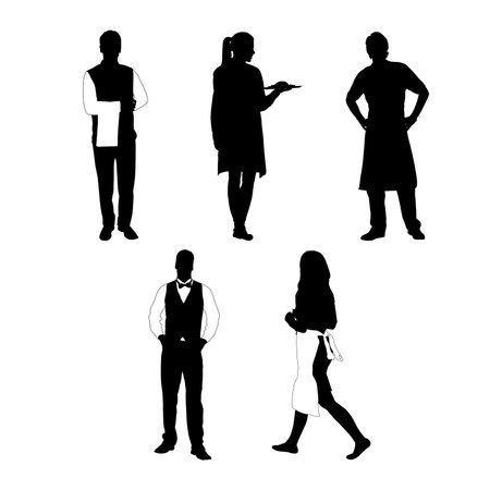 Set of silhouettes of restaurant food waiters, isolated white background , simple vector designのイラスト素材