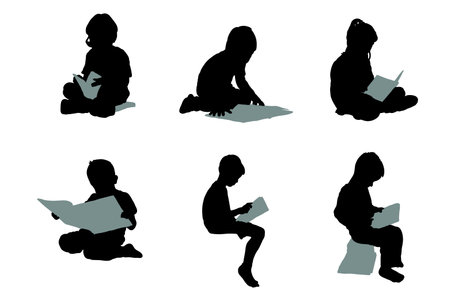 Set of silhouettes of little children reading story books vector design, isolated white background , simple vector designのイラスト素材