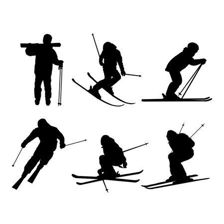 Set of snow ski silhouettes vector design, isolated white background , simple vector designのイラスト素材