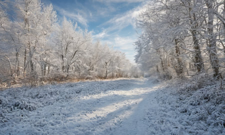 Winter landscape with road and trees covered with hoarfrost in sunny dayの素材