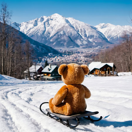 Cute teddy bear toy sits on sled and looking to the snowy winter town and mountainsの素材