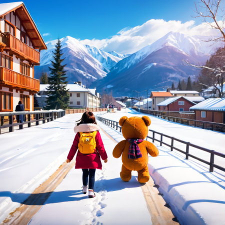 Cute cartoon girl and teddy bear toy wlaking in the winter snowy townの素材