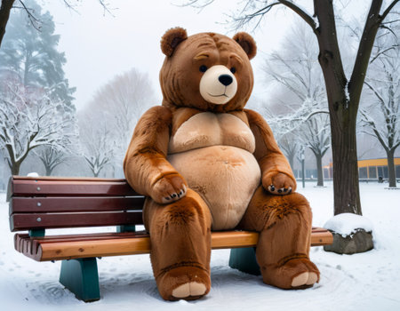 huge teddy bear sitting on the bench in the winter parkの素材