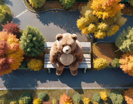 huge teddy bear sitting on the bench in the autumn parkの素材