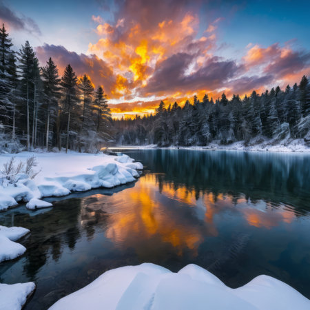 Fantastic winter landscape with snow-covered forest and river at sunsetの素材