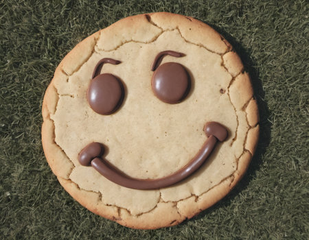 Smiley face on a cookie with chocolate on green grass background.の素材