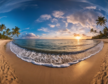 Tropical beach at sunset with palm trees, sand and wavesの素材