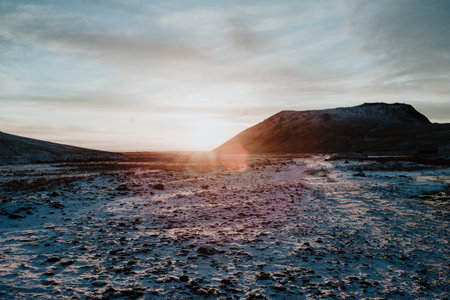 A snowy landscape in Iceland at sunsetの写真素材
