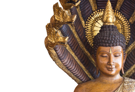 Wooden buddha statue in thailand temple on white backgroundの写真素材