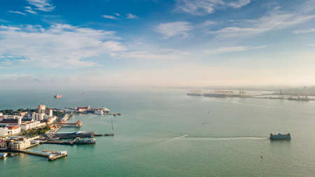 Penang ferry with sunrise blue skyの写真素材