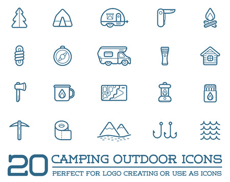 Set of Camping Camp Elements and Outdoor Activity Icons Illustrationのイラスト素材