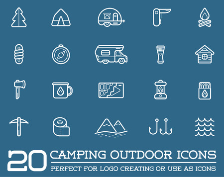 Set of Camping Camp Elements and Outdoor Activity Icons Illustrationのイラスト素材