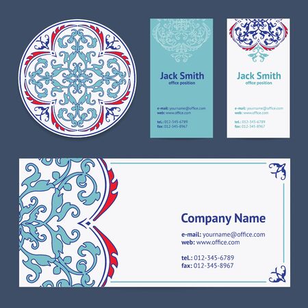 Corporative Business Cards Design Set and Envelope with Beer Mat with Turkish Ornament and Damask Pattern Backgroundのイラスト素材
