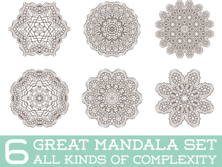 Set of Ethnic Fractal Mandala Vector Meditation Tattoo looks like Snowflake or Maya Aztec Pattern or Flower too Isolated on Whiteのイラスト素材