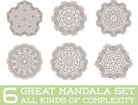 Set of Ethnic Fractal Mandala Vector Meditation Tattoo looks like Snowflake or Maya Aztec Pattern or Flower too Isolated on Whiteのイラスト素材