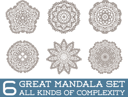 Set of Ethnic Fractal Mandala Vector Meditation Tattoo looks like Snowflake or Maya Aztec Pattern or Flower too Isolated on Whiteのイラスト素材