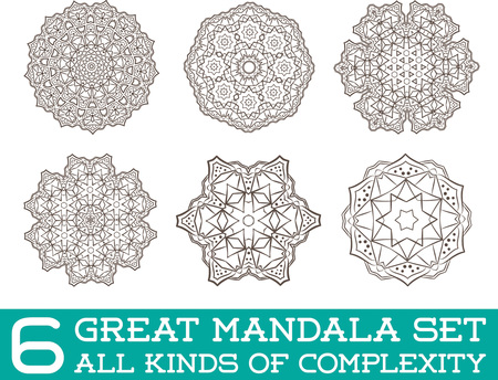 Set of Ethnic Fractal Mandala Vector Meditation Tattoo looks like Snowflake or Maya Aztec Pattern or Flower too Isolated on Whiteのイラスト素材