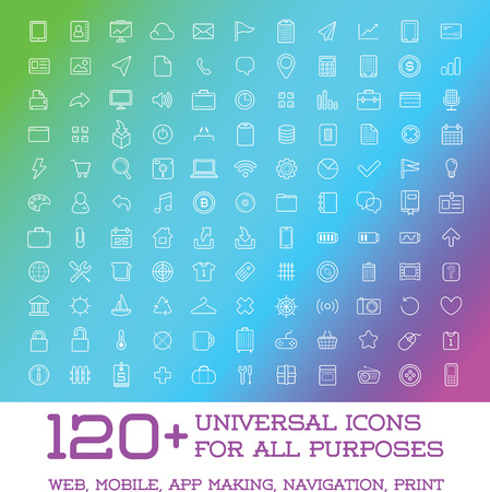 120 Universal Icons Set For All Purposes Web, Mobile, App Making, Navigation, Printのイラスト素材