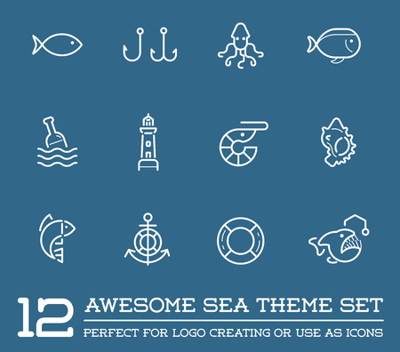Set of Vector Sea Food Elements and Sea Signs Illustrationのイラスト素材