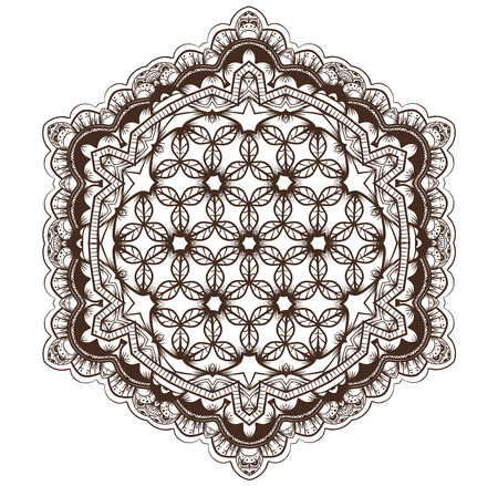 Ethnic Fractal Mandala Vector Meditation looks like Snowflake or Maya Aztec Pattern or Flower too Isolated on Whiteのイラスト素材